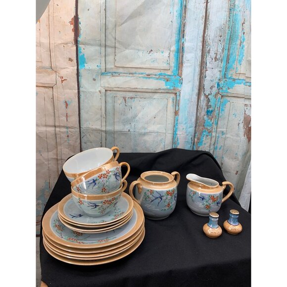 LusterWare Takito Ti Peach/ Blue 16PC Set* Japanese Hand Painted Set Birds Swall - Picture 1 of 14
